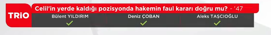 Yayın bandı: Celil'in yerde kaldığı pozisyonda hakemin faul kararı doğru mu? Ş '47 |